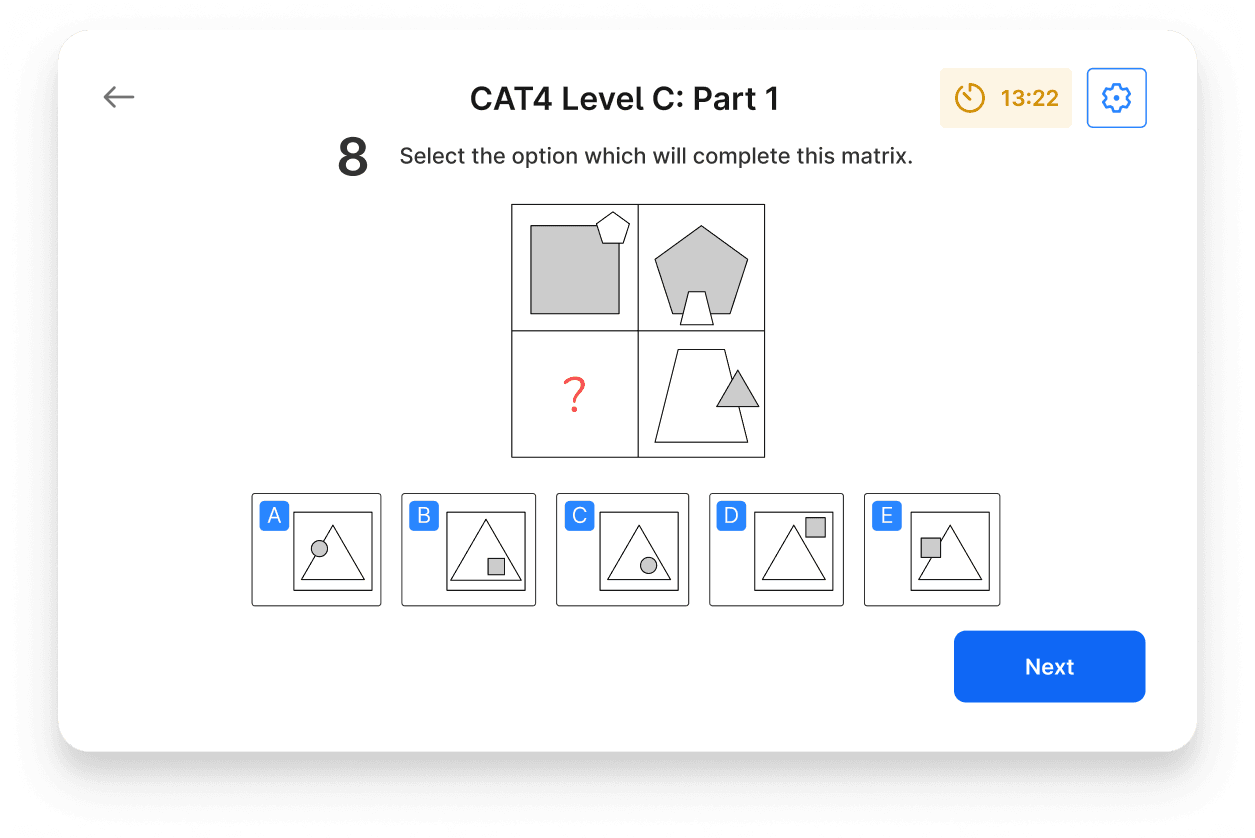 A CAT4 non-verbal reasoning question on a mock test on Atom Home