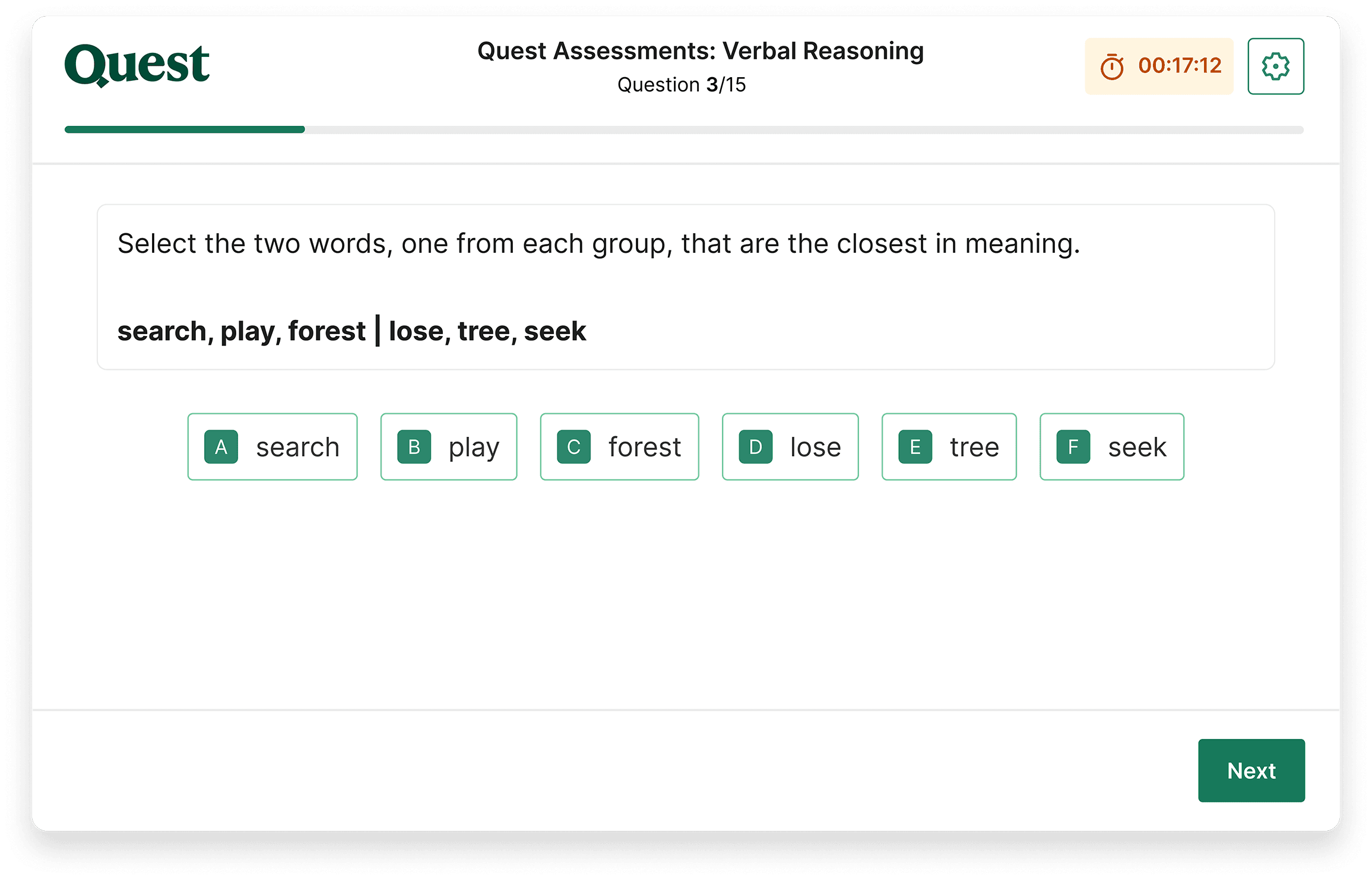 A verbal reasoning question on a Question Admissions Part 1 exam, asking the student to select two words from two groups shown that are closest in meaning, with multiple-choice answer options