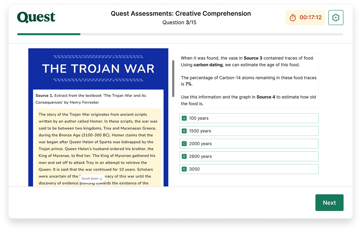 A creative comprehension question on a Quest Admissions Part 2 exam. It shows a piece of text about the Trojan War, a question, and multiple-choice answer options. 