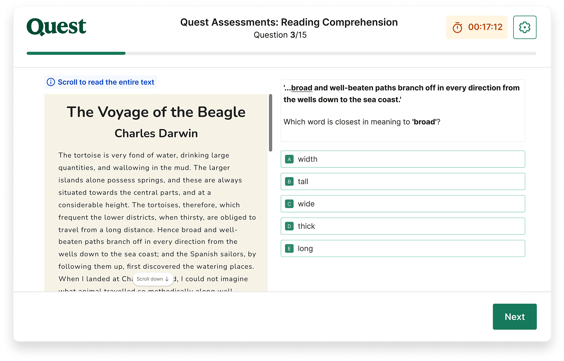 A reading comprehension question in a Quest Admissions Part 1 exam, showing a piece of text by Charles Darwin and a multiple-choice question.