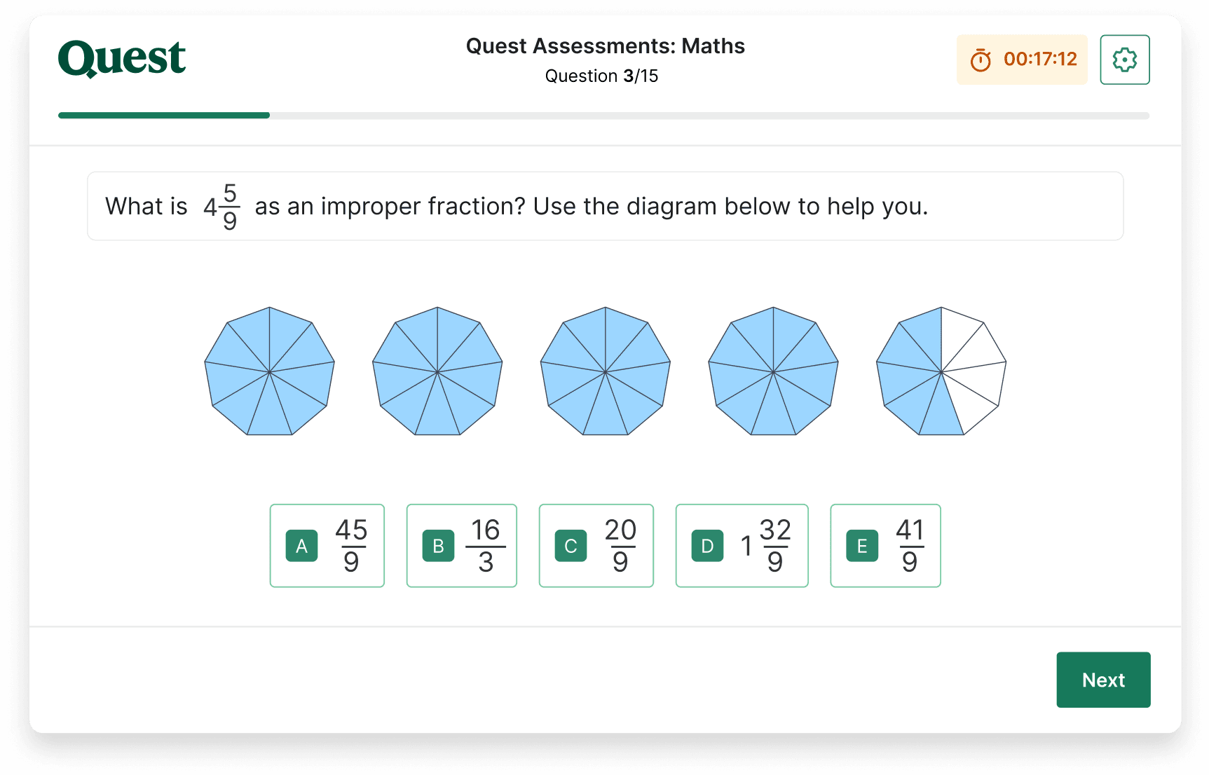 A maths question, showing a fractions problem, on a Quest Assessments mock test