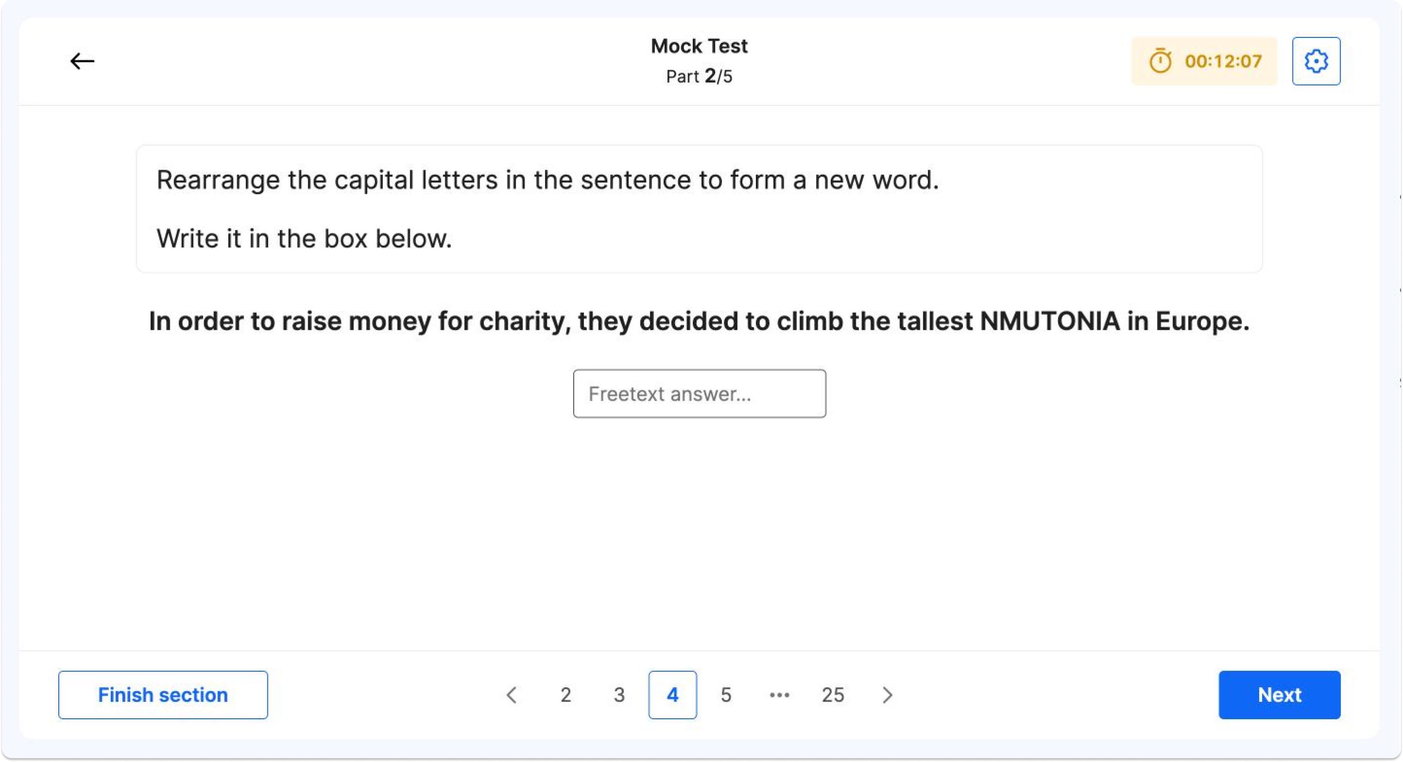 Example anagrams question from a SPGS CEM Select mock test on Atom