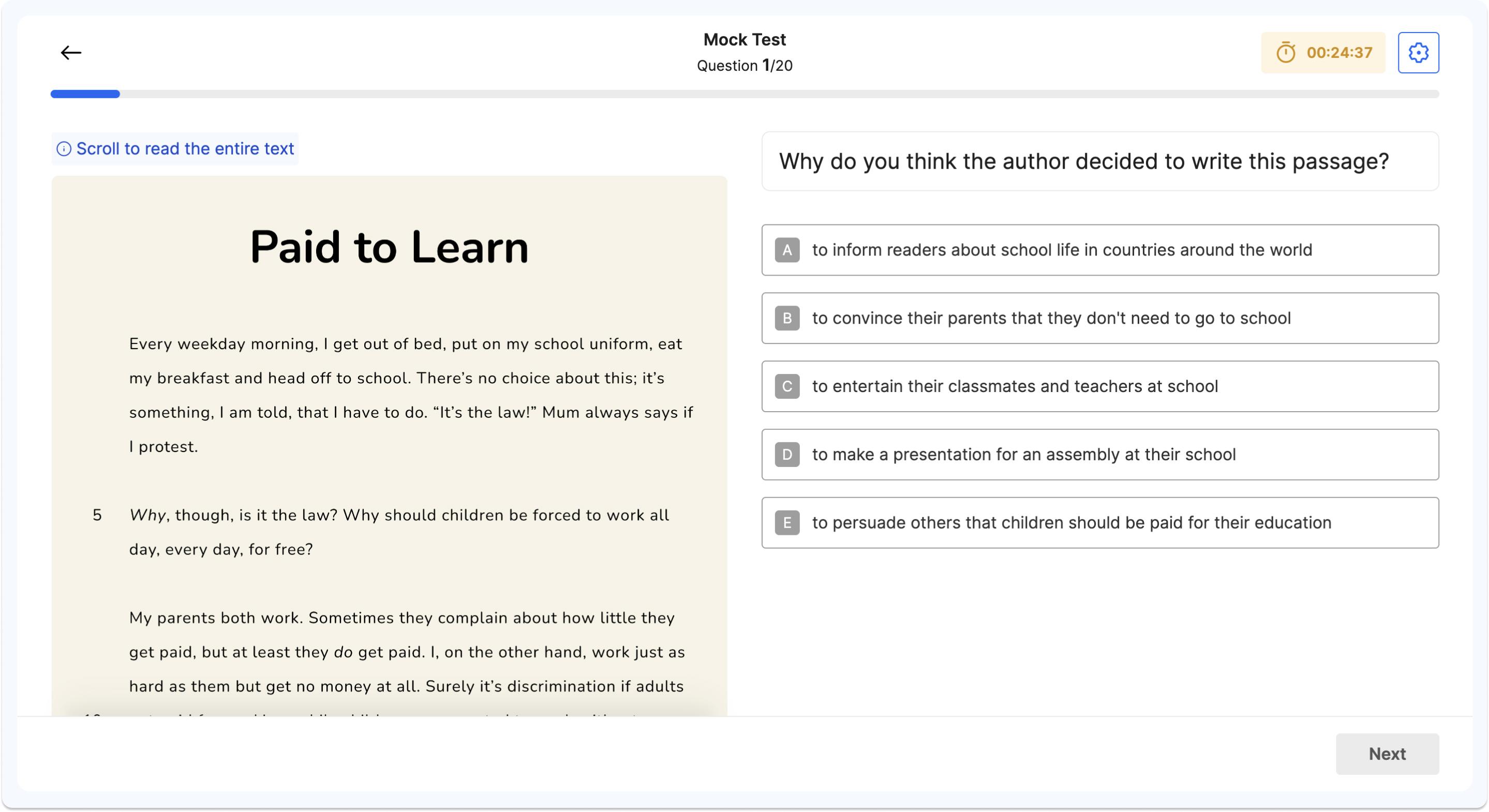 Example English comprehension question from an Atom Assessments familiarisation exercise