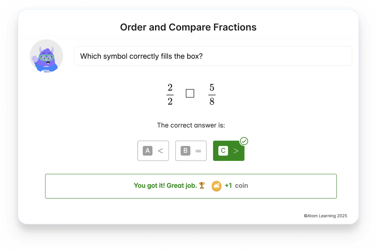An example maths question on Atom Home for ordering and comparing fractions. The child has selected the correct answer and has been awarded one coin.