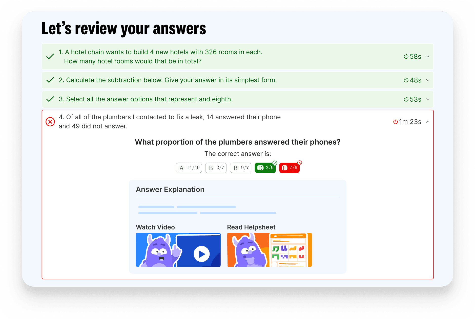 Child's answer breakdown, showing the correct and incorrect answers, an explanation, a video and a helpsheet, on a mock test transcript from Atom Home