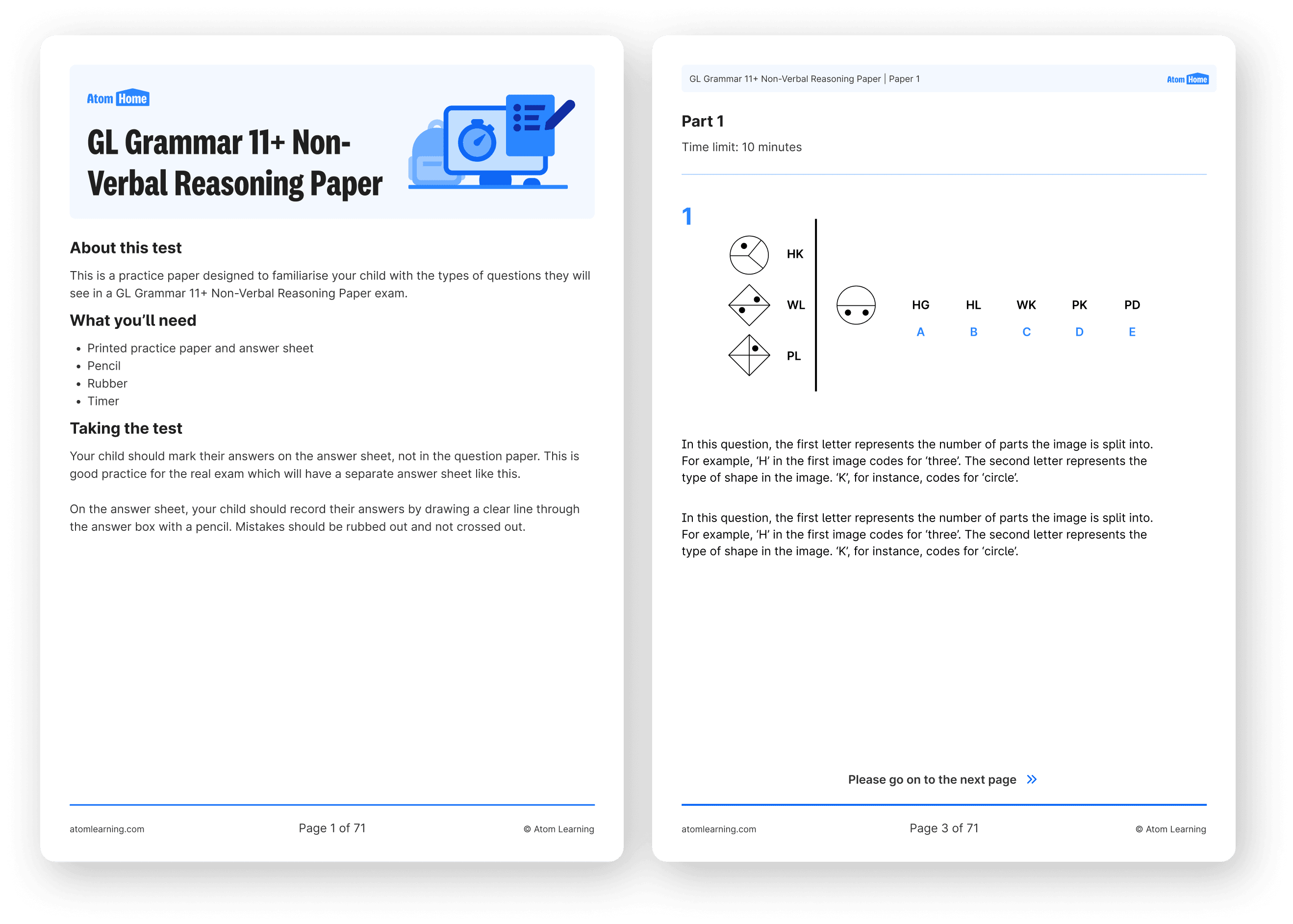 A downloadable 11+ practice paper from Atom Home