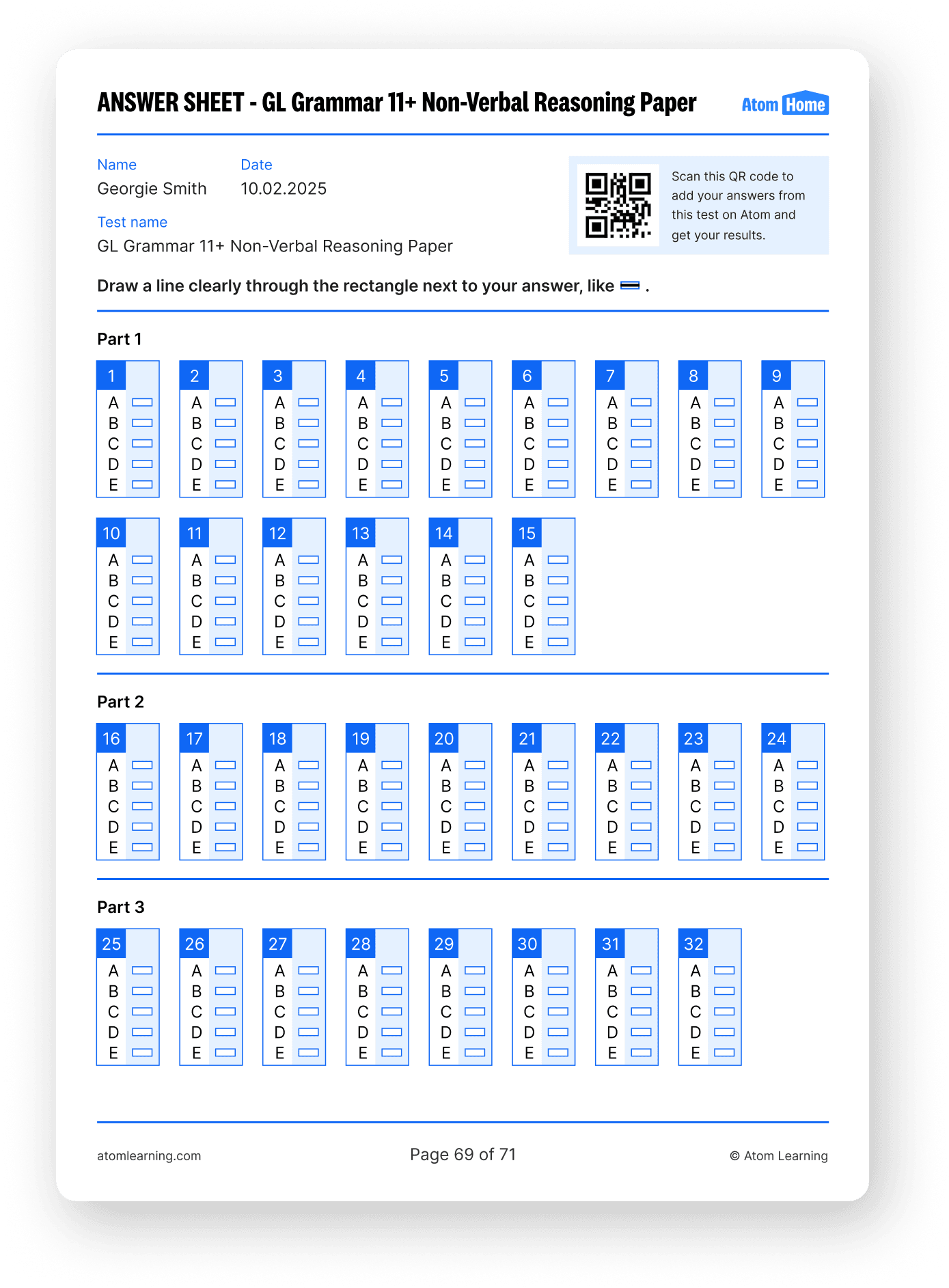 An example answer sheet from an Atom Learning's 11+ practice paper