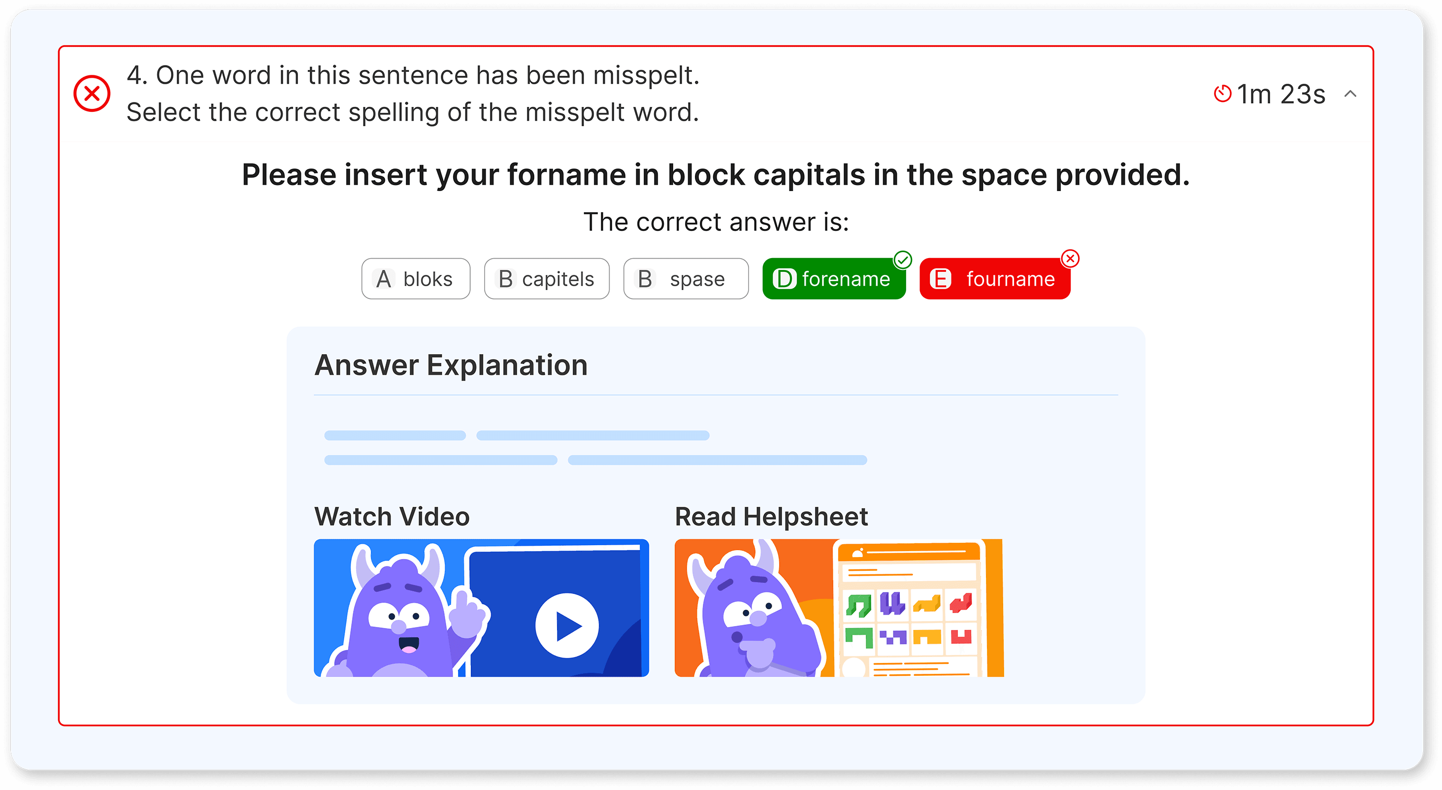 An example English spelling question on Atom Home. The image shows that the selected answer is incorrect, with an answer explanation, video, and helpsheet available to view.