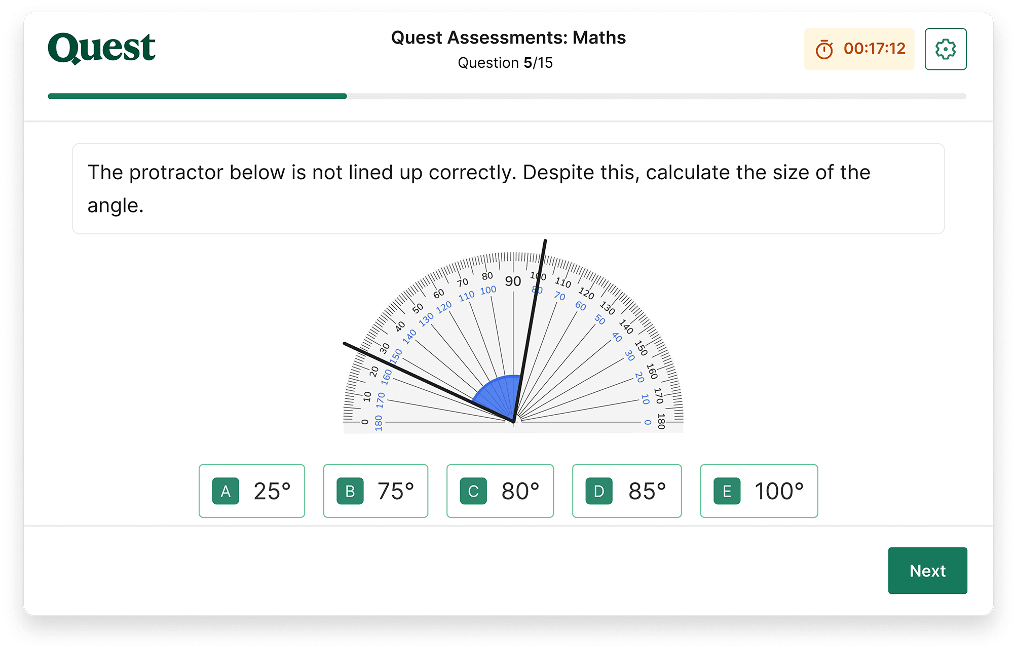 A maths question in a Quest Admissions Part 1 exam, showing an angle question and multiple-choice answer options.