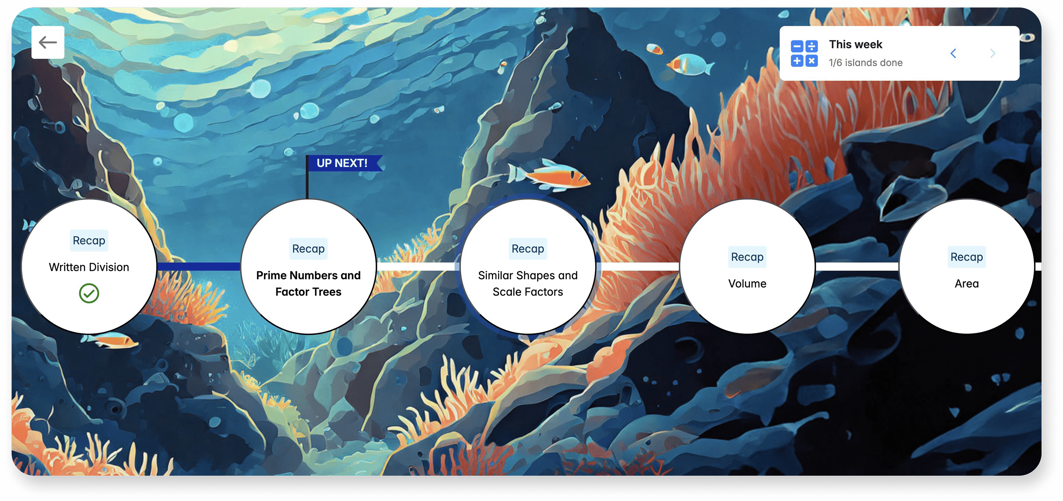 A learning pathway on Atom Home, showing a designed underwater world and which topics the child has to recap next.