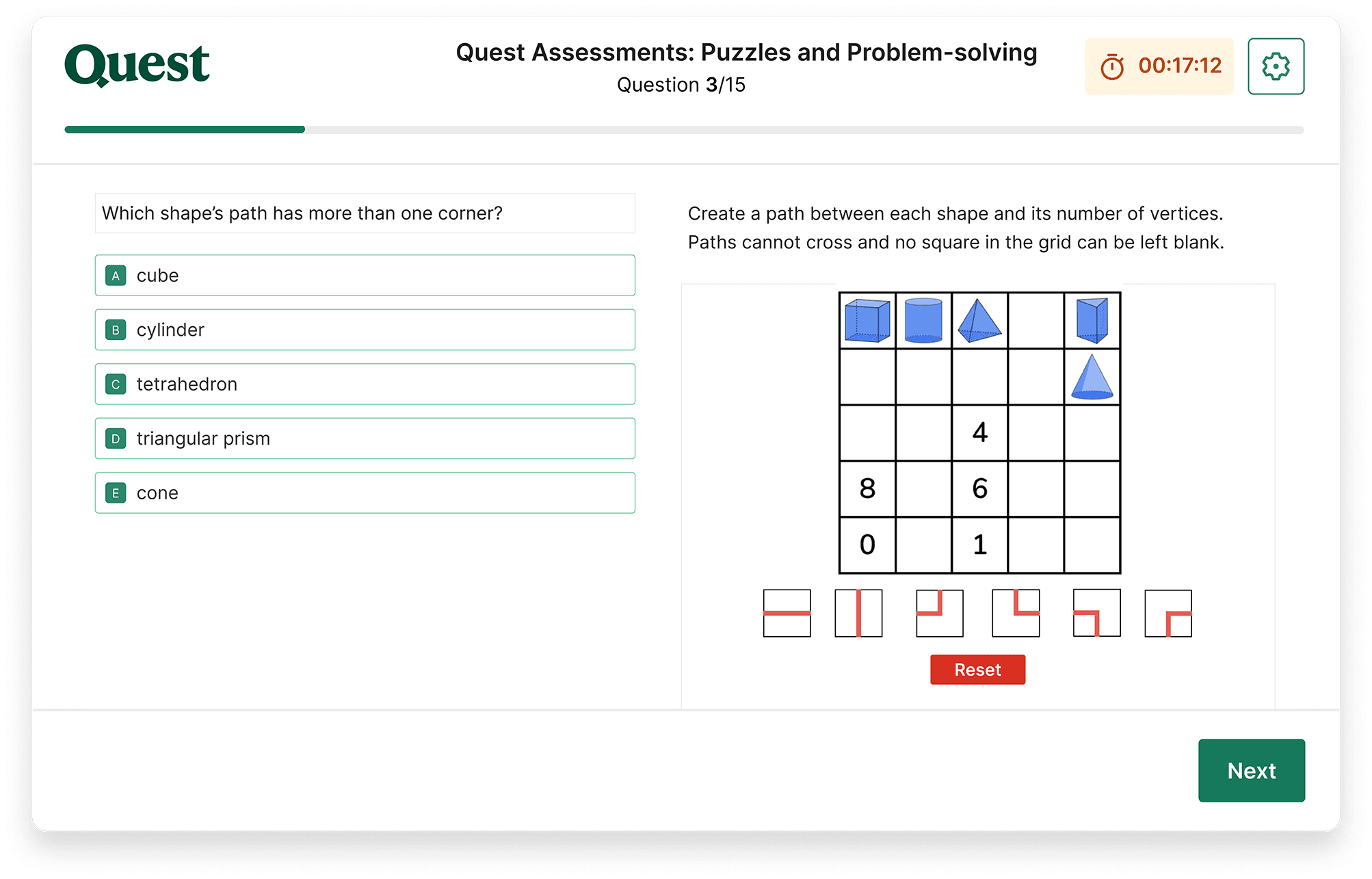 A puzzles and problem-solving question on a Quest Admissions Part 2 exam. It shows a puzzle on the right, and on the left, a question and multiple-choice answer options.