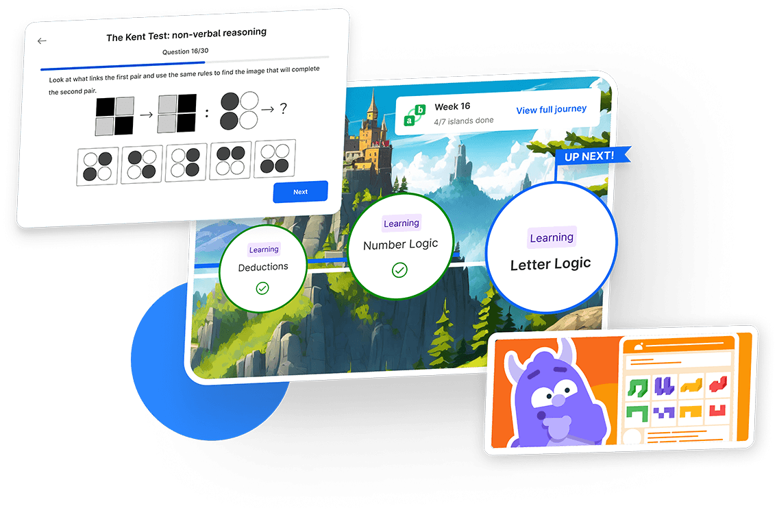 Collection of screenshots from Atom Home, showing a verbal reasoning learning pathway, a non-verbal reasoning question and a downloadable helpsheet