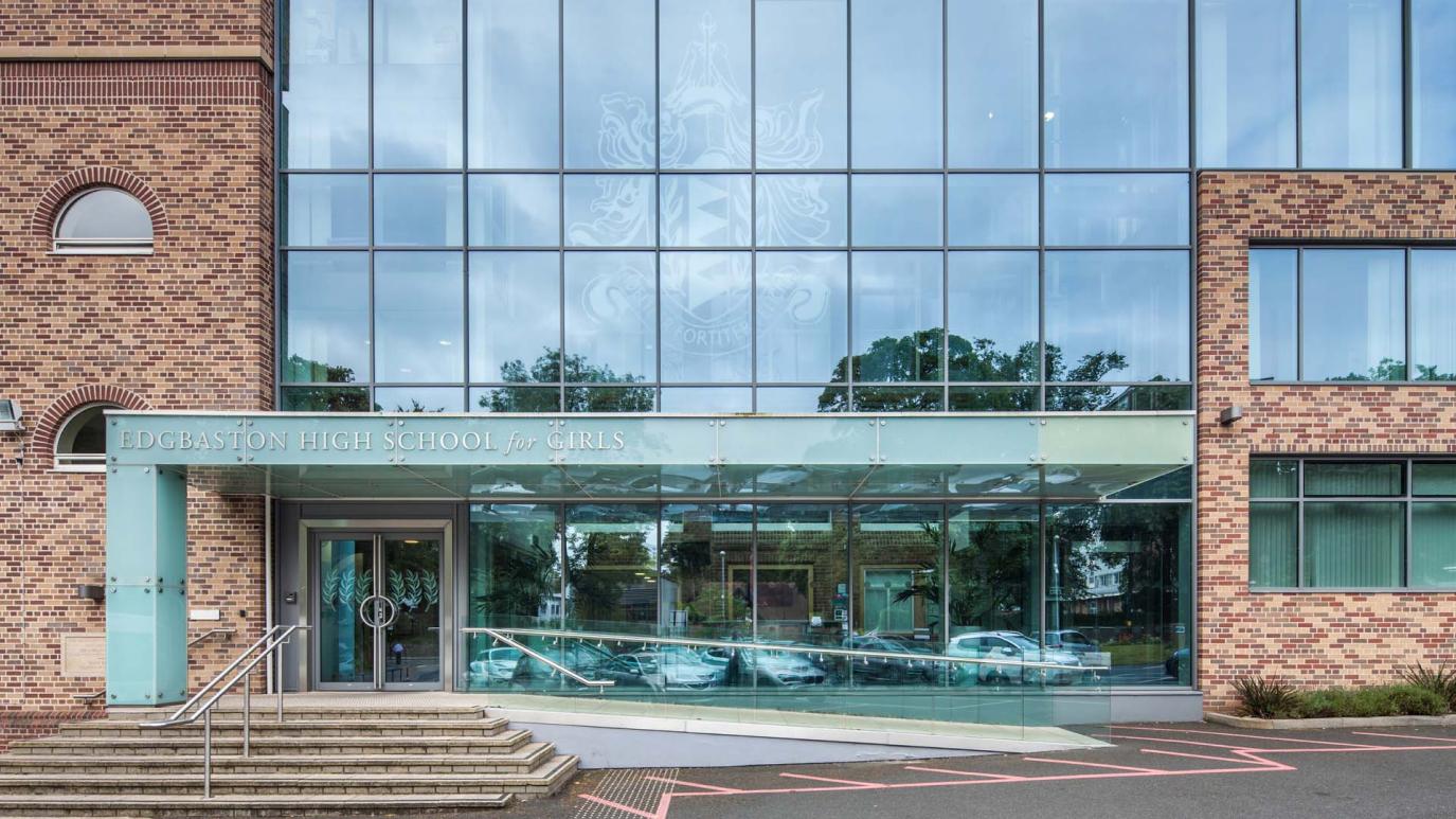 The new sixth form centre with three-storey glass windows at Edgbaston High School