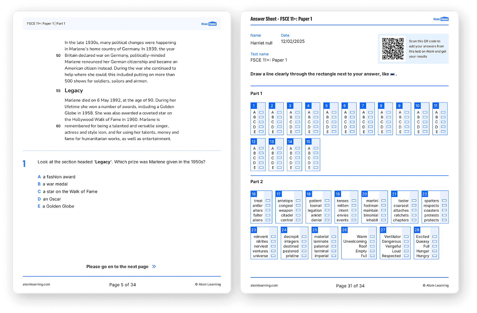 FSCE English comprehension exam question and answer sheet