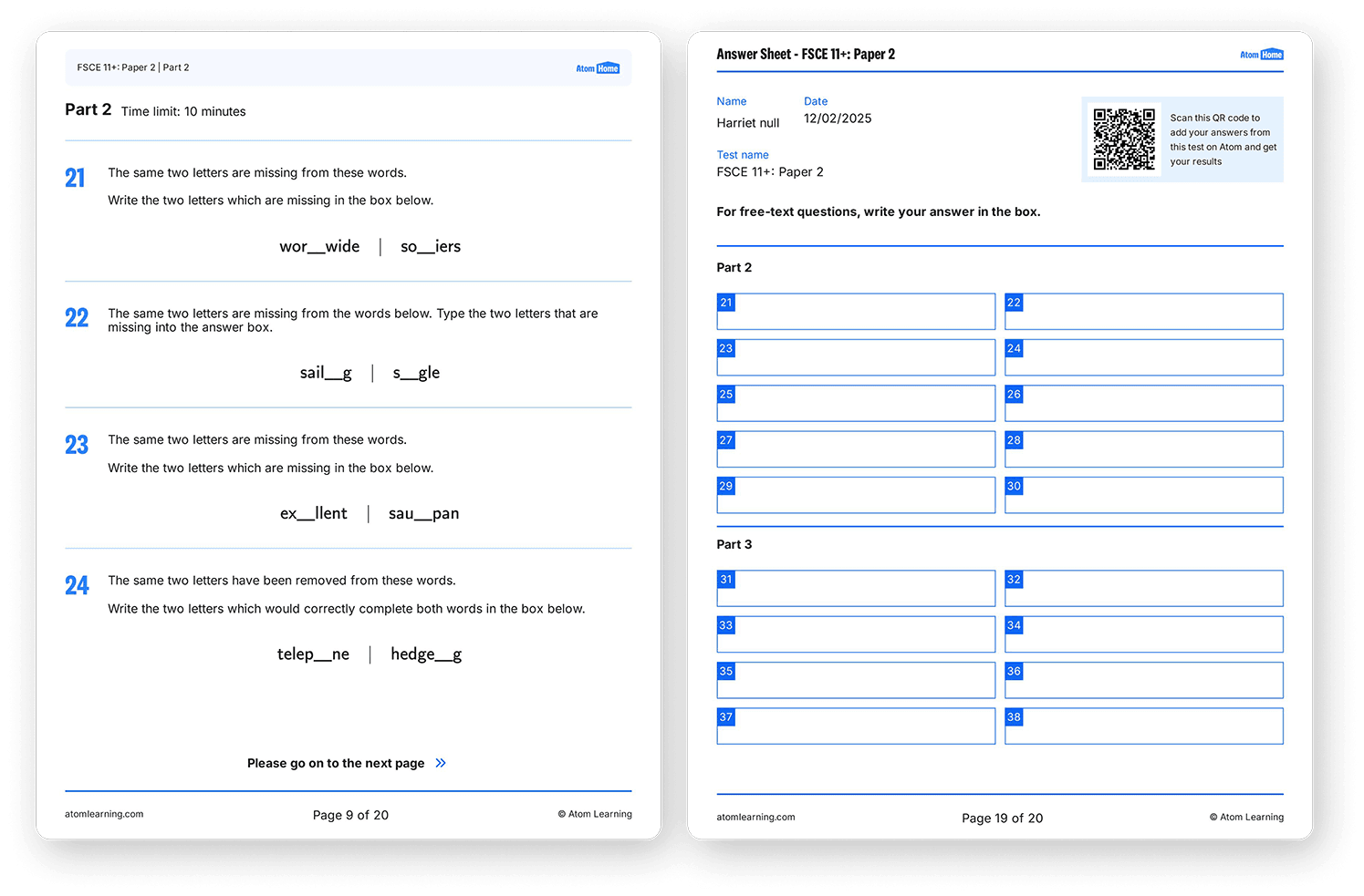FSCE Missing letters exam questions and answer sheet