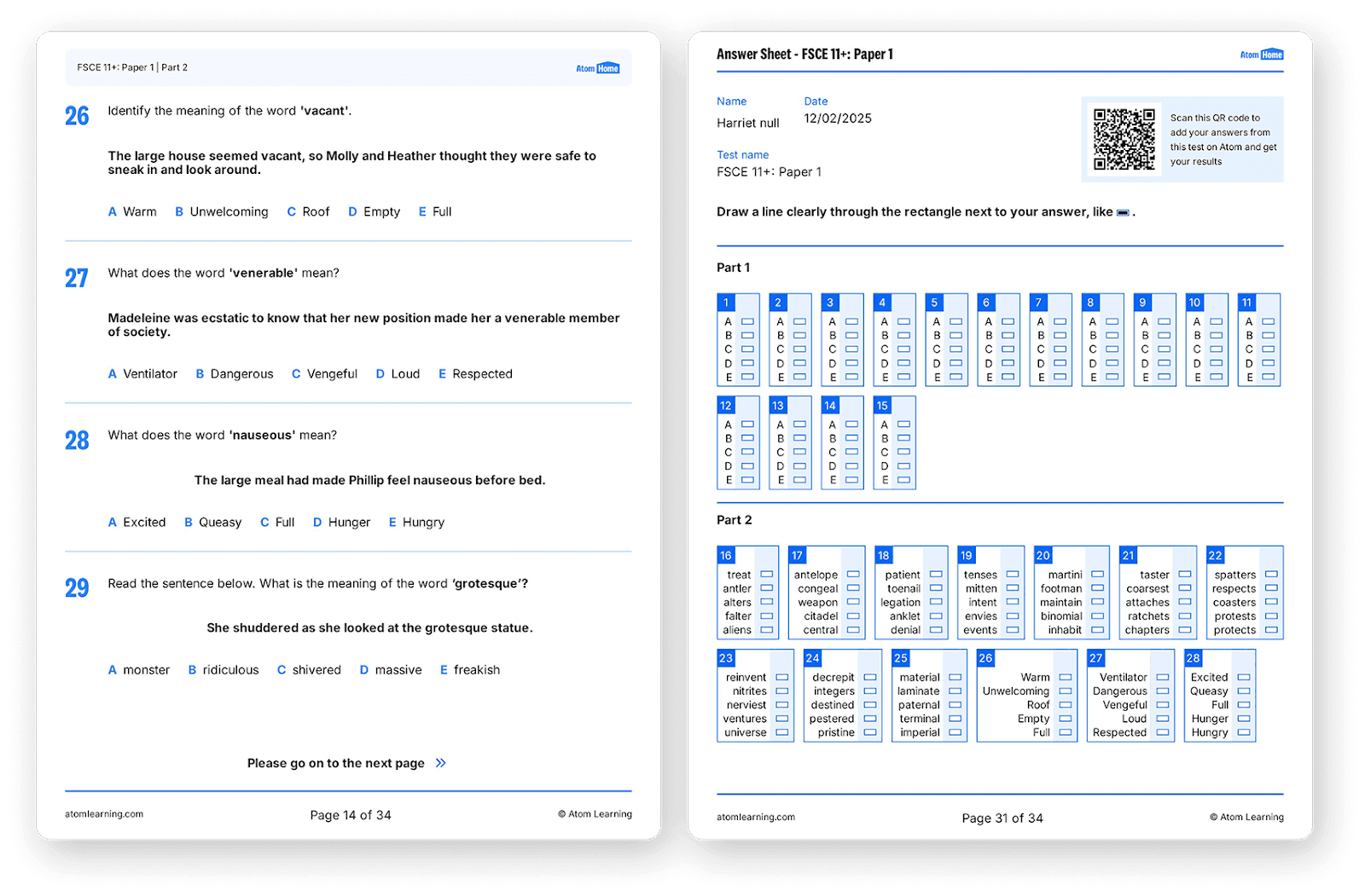 FSCE English vocabulary exam questions and answer sheet