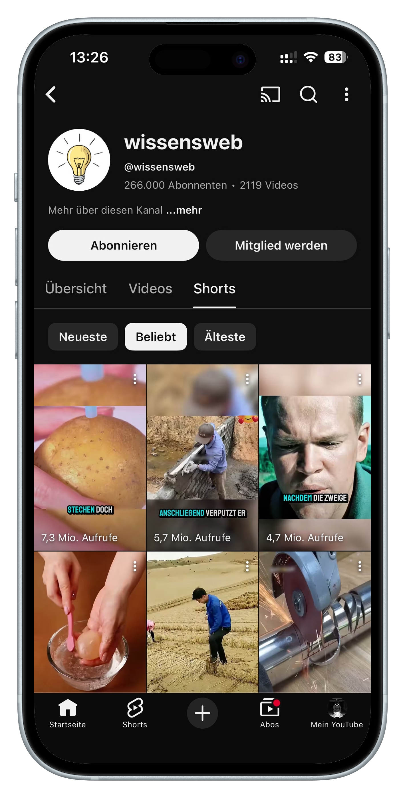 YouTube-Kanal 'wissensweb' mit 266.000 Abonnenten zeigt populäre Shorts mit verschiedenen Videos wie einer Kartoffel, einem Bauarbeiter, einer Nahaufnahme eines Mannes und einer Schleifmaschine.