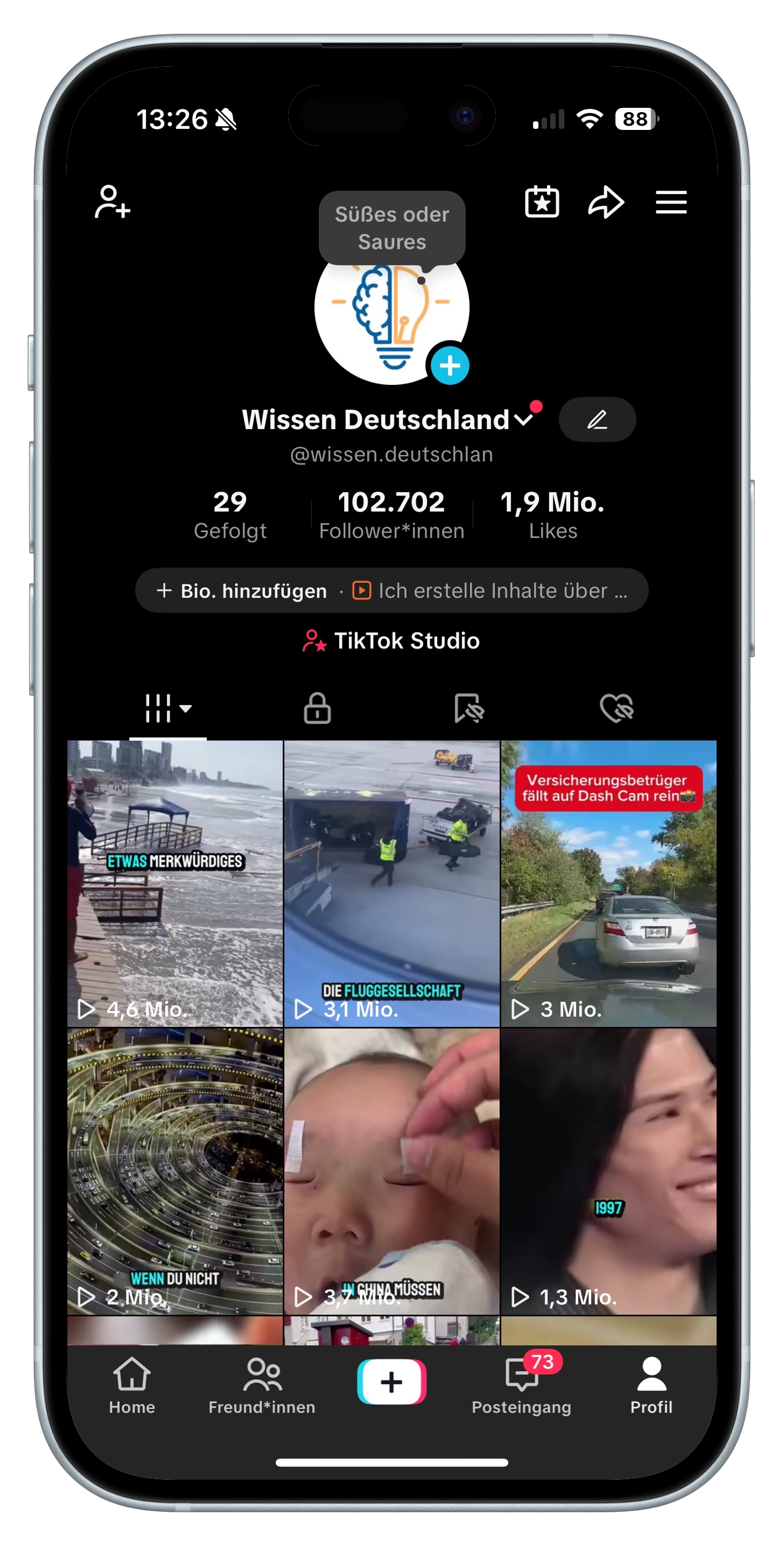 TikTok-Profilseite von Wissen Deutschland mit 102.702 Followern und 1,9 Millionen Likes, zeigt sechs Video-Miniaturansichten.