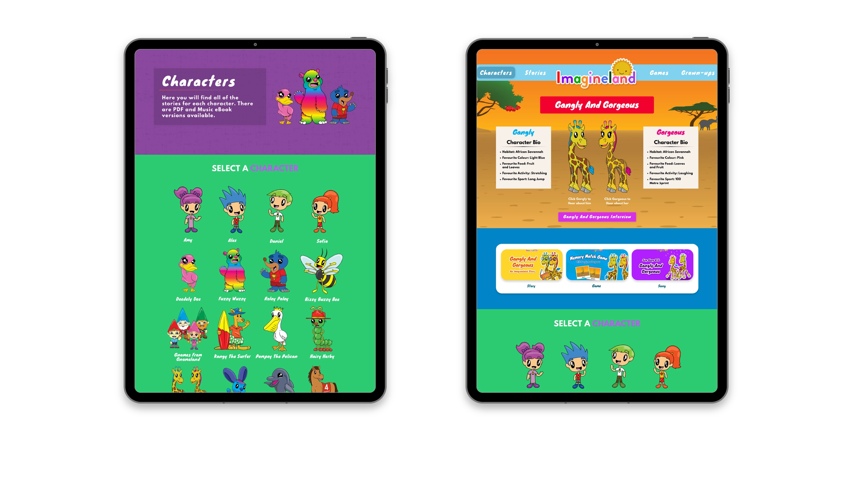 Character-based navigation linking to stories, games, and songs