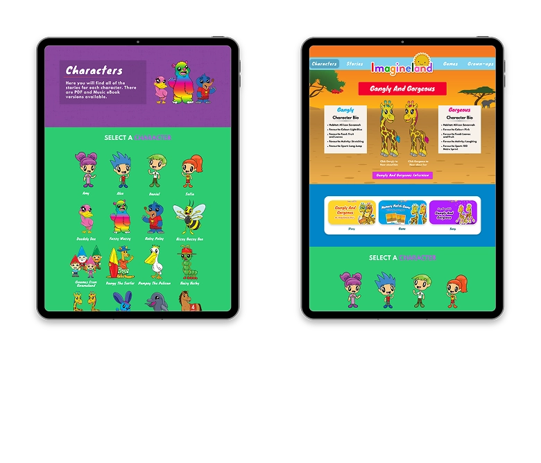 Character-based navigation linking to stories, games, and songs