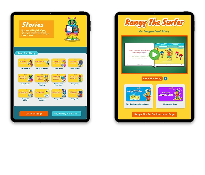 Character-based navigation linking to stories, games, and songs
