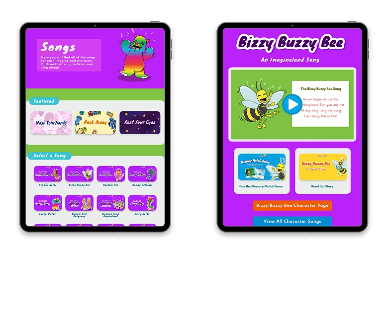 Character-based navigation linking to stories, games, and songs