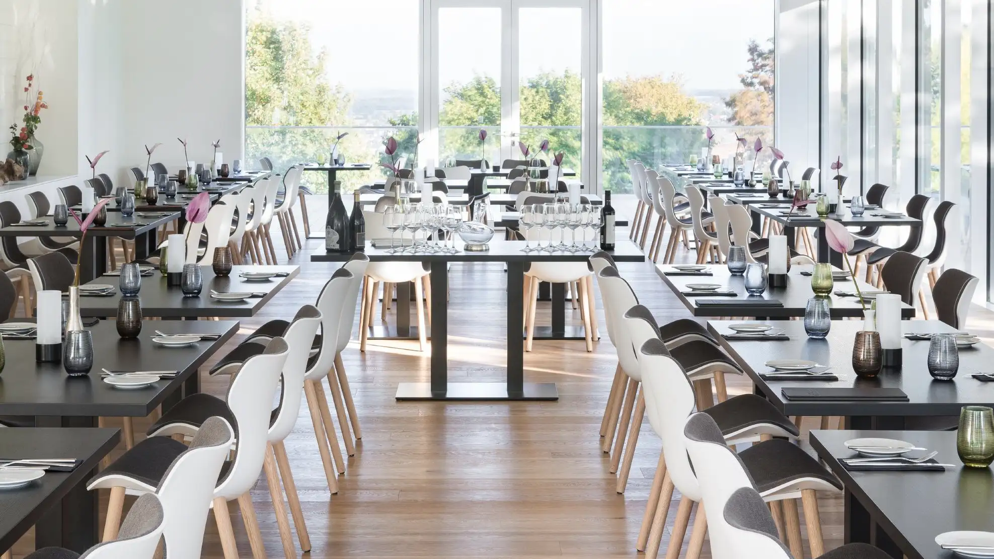 Moderner heller Speisesaal mit weißen Stühlen, darauf graue Polster und gedeckten Tischen vor großen Fenstern mit Blick auf grüne Bäume.