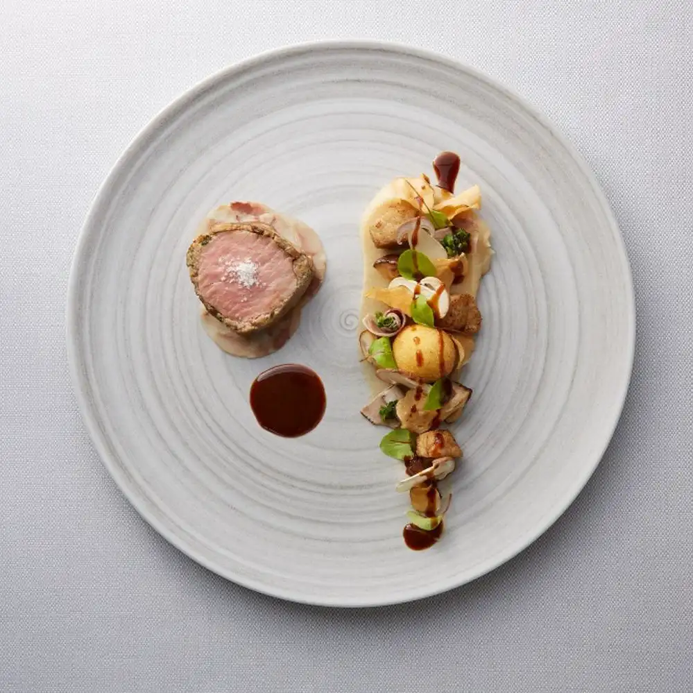 Fein angerichtetes Gourmetgericht mit rosa gebratenem Fleisch, Mischgemüse und brauner Sauce auf einem weiß-grau 
melierten Teller.