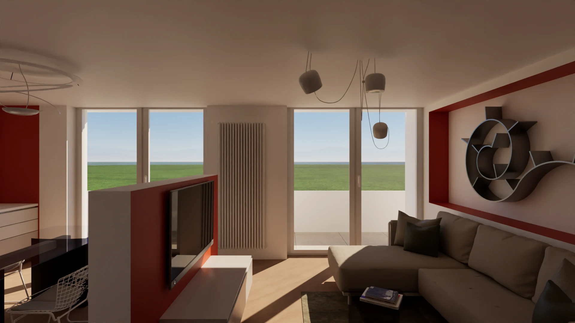Living room rendering seen from the entrance, showing the divider and windows