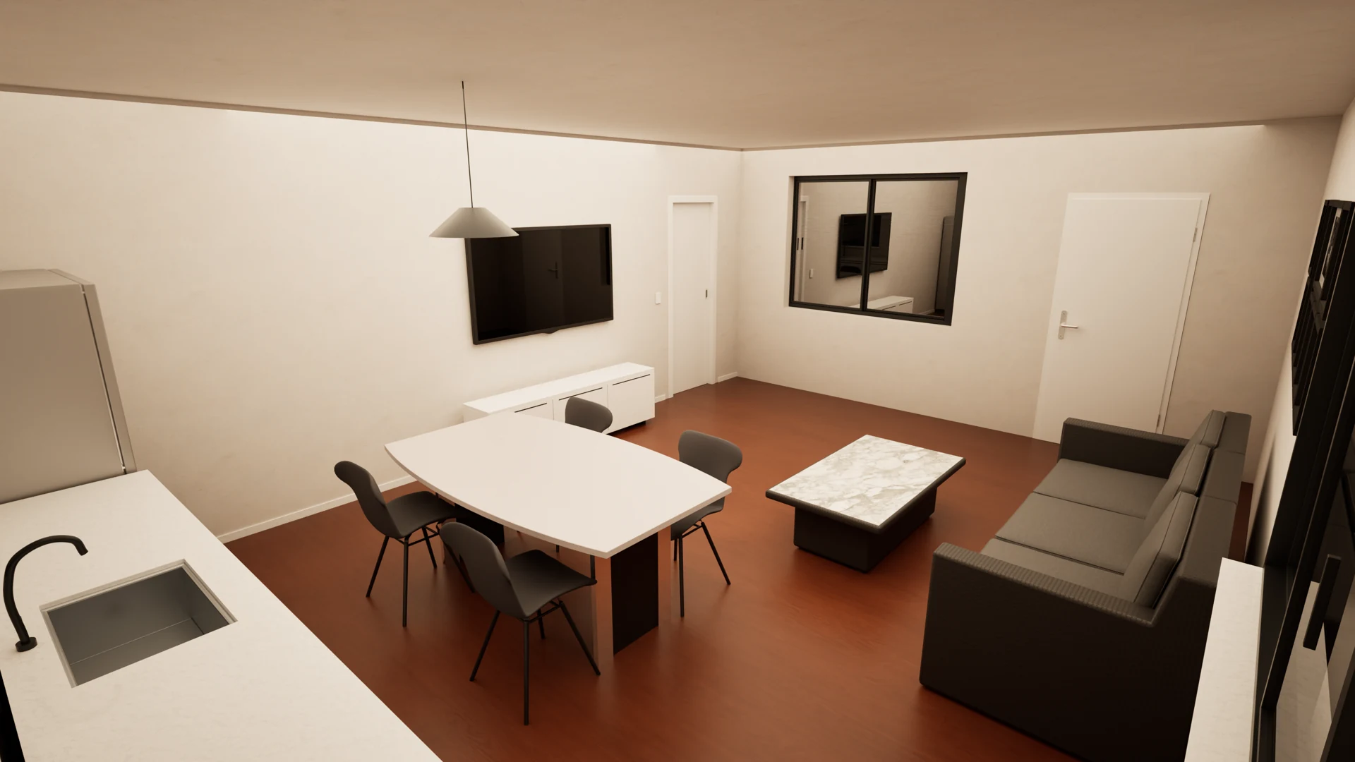 Living area and kitchen
