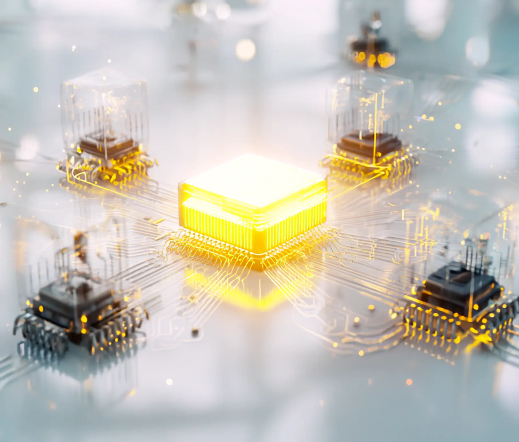 ultra-realistic 3D render symbolizing innovation mentorship and R&D support in semiconductor technology