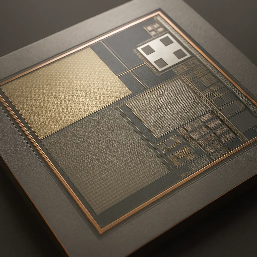 Detailed view of a global-shutter CMOS image sensor showing LOFIC capacitor regions and stacked ADC circuitry used to optimize conversion gain, full-well capacity, low noise, and dynamic range for professional video imaging.