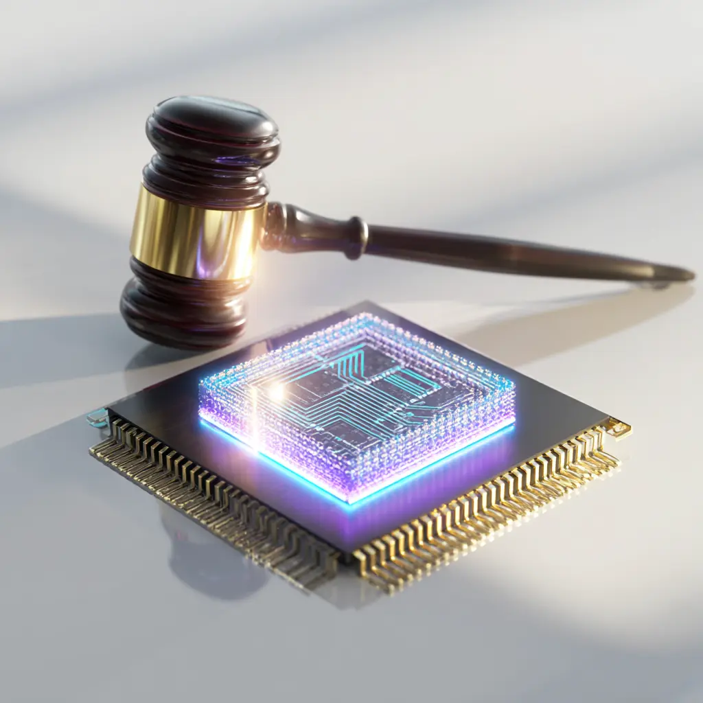 Judge’s gavel beside a glowing semiconductor chip representing expert witness analysis in image-sensor technology, HDR algorithms, and CMOS/SPAD patent disputes.