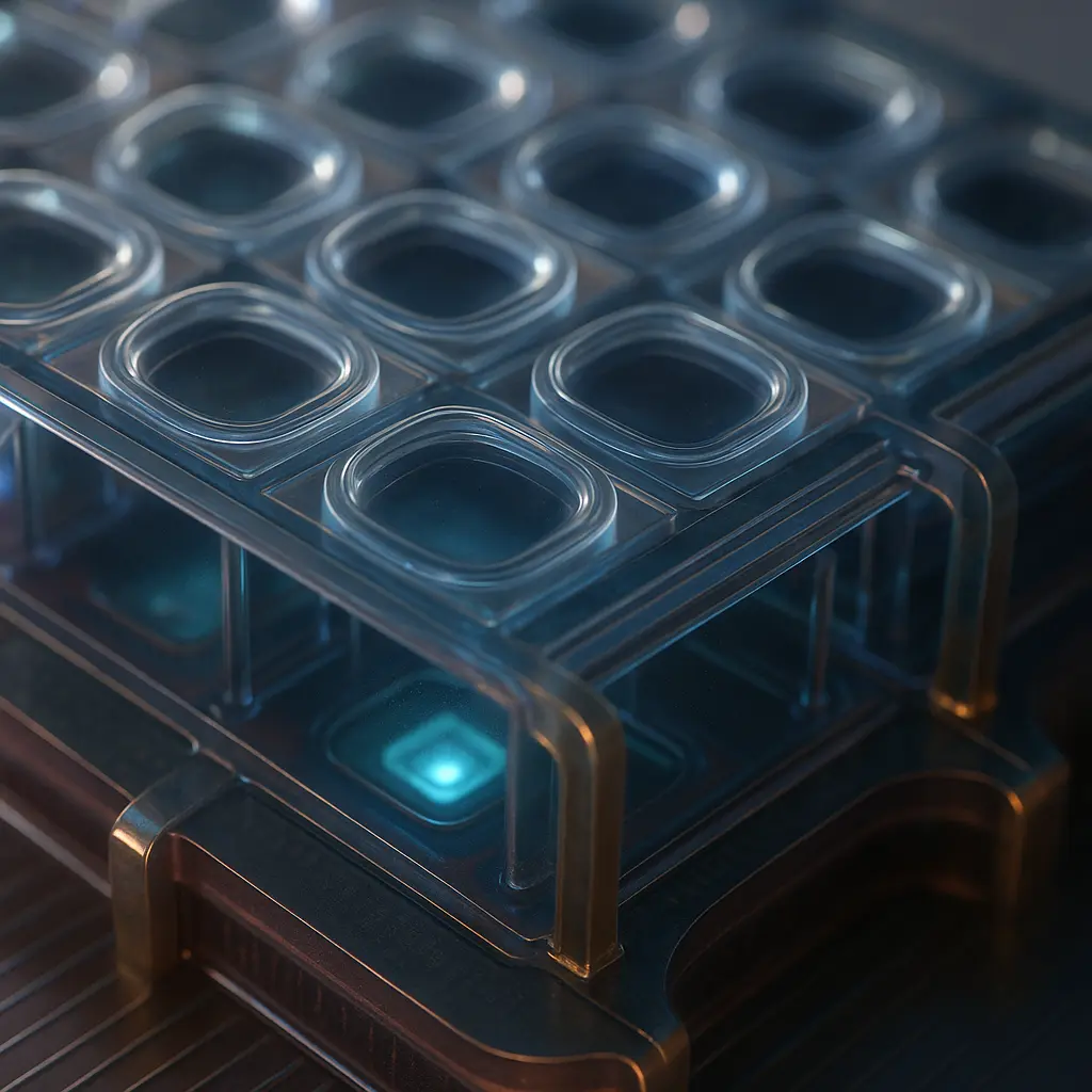 Close-up of a SPAD sensor array with sub-10 µm pitch, illustrating next-generation 3D-stacked single-photon avalanche diode technology for precision photon counting.