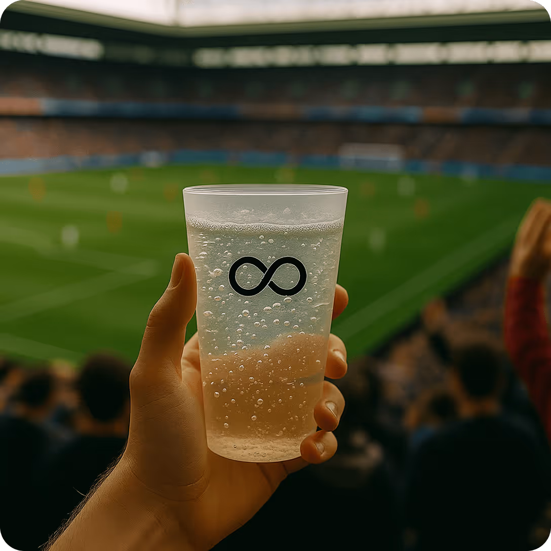 Image of someone holding a reusable cup while watching a soccer game in a stadium