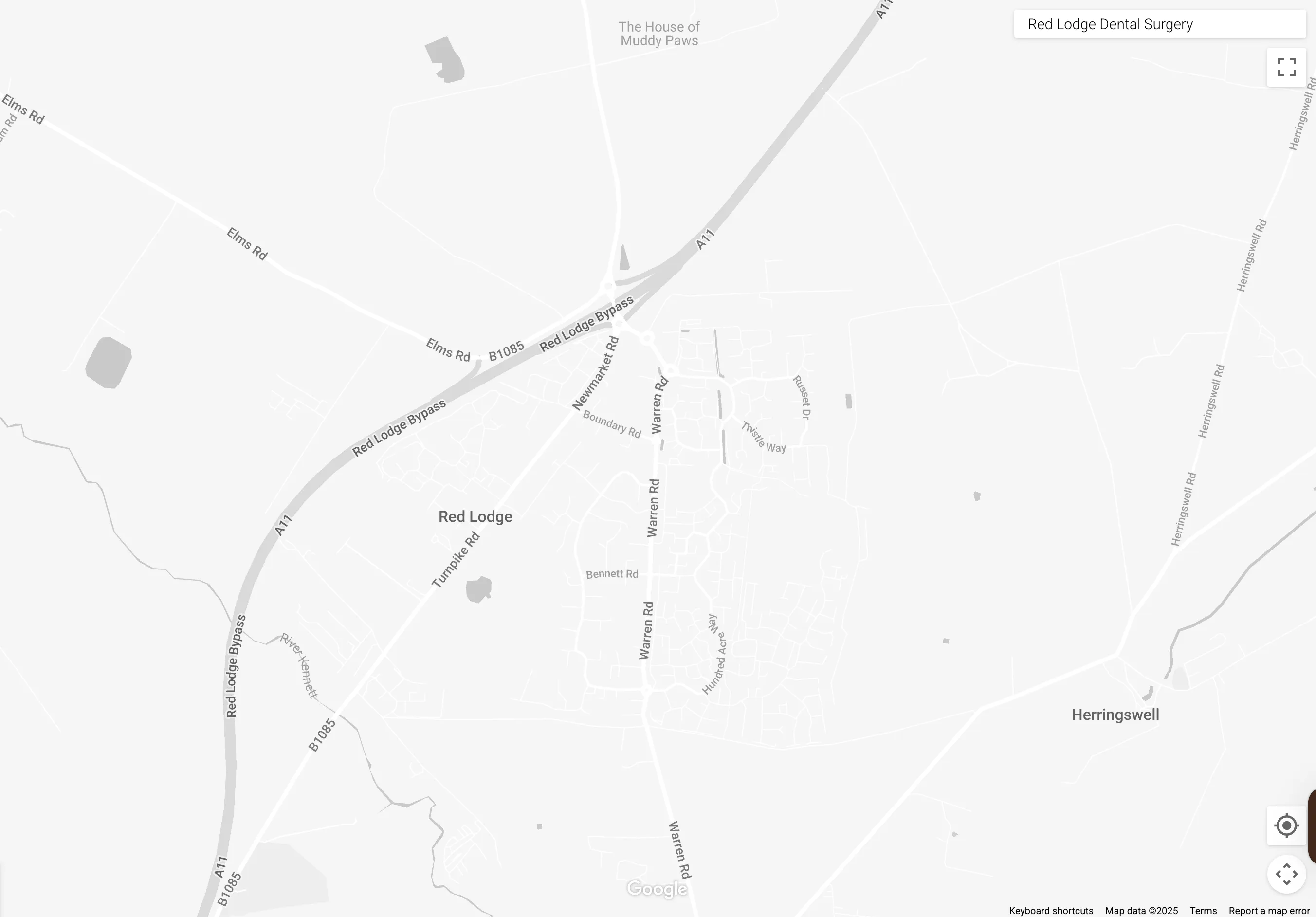 Map showing Red Lodge area including Red Lodge Bypass, Elms Road, Warren Road, and nearby Herringswell village.