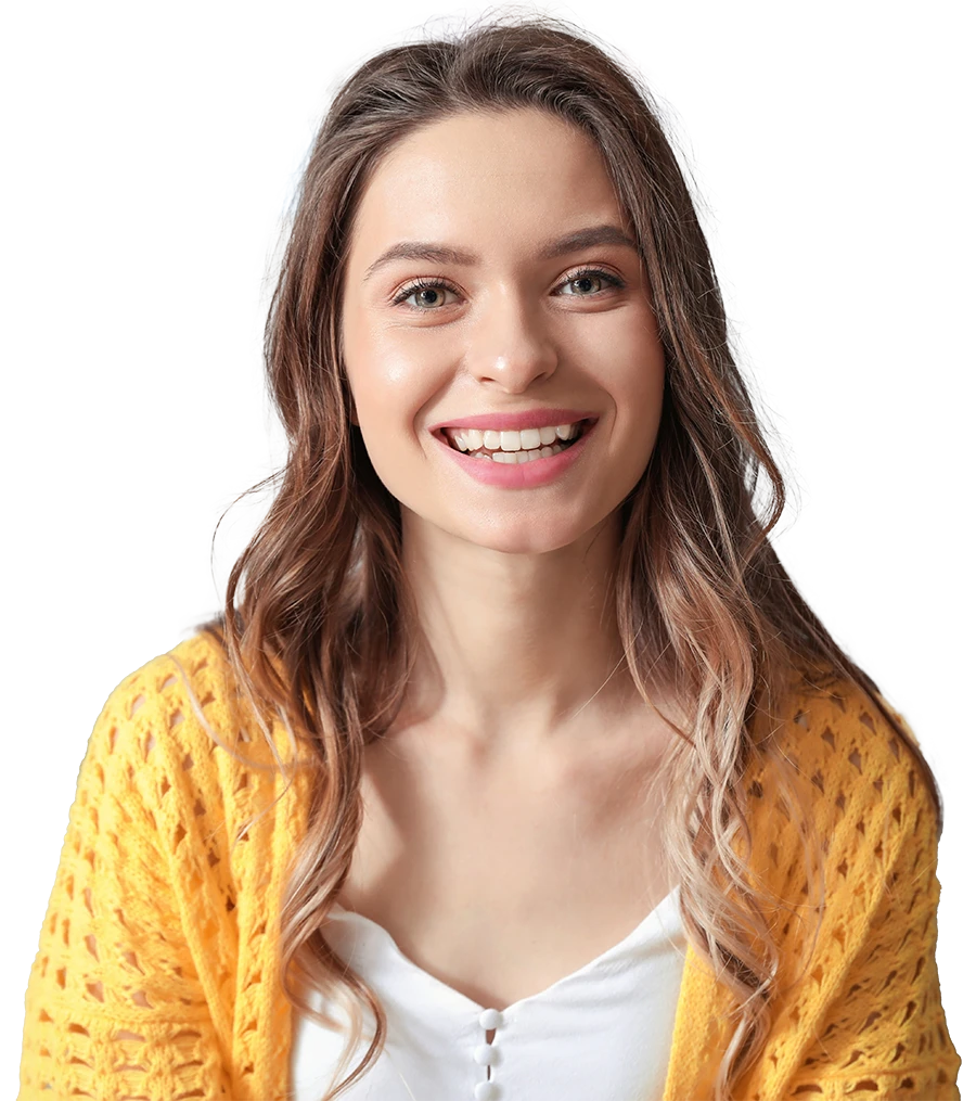 Smiling woman with wavy brown hair wearing a yellow knitted cardigan and white top.