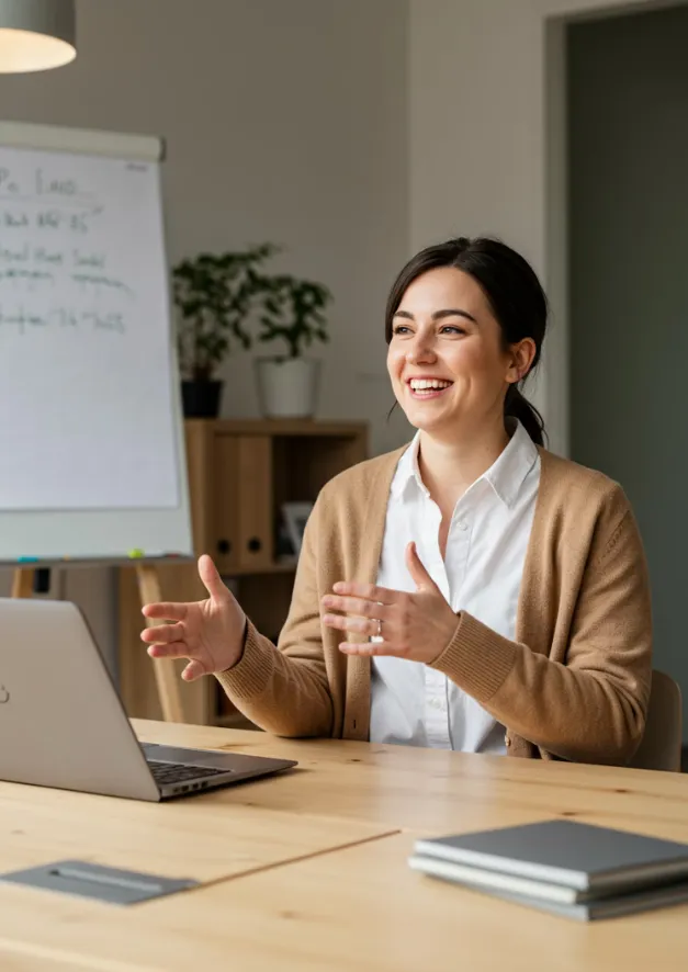 Smiling woman is explaining something with hand gestures in a modern office setting with laptop and whiteboard.