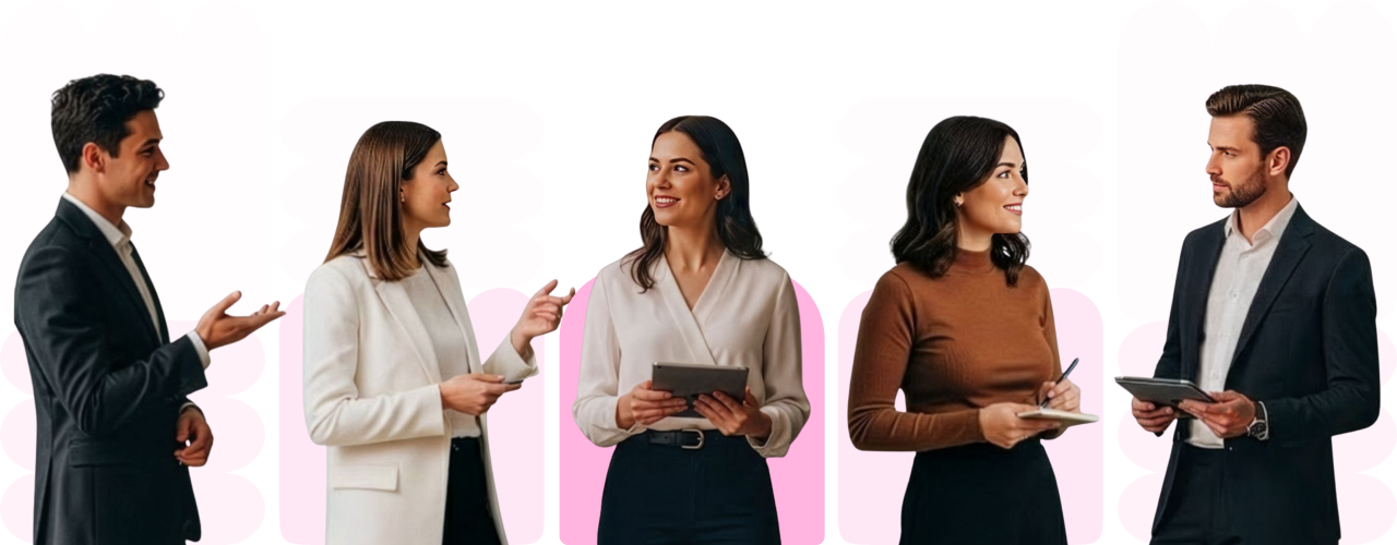 Five diverse professionals standing in a row, engaging in conversation while holding tablets and notepads, against a pink abstract background.