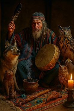 A ceremonial shaman performs a sacred healing ritual surrounded by animal allies—wolf, owl, and bear—using drum, feather, and smoke to call in spiritual guidance and transformation.
