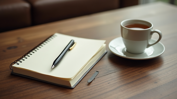 High angle view of a journal, pen, and cup of herbal tea on a wooden table