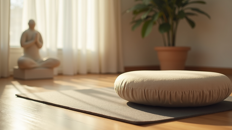 Close-up of a yoga mat and meditation cushion in a serene room