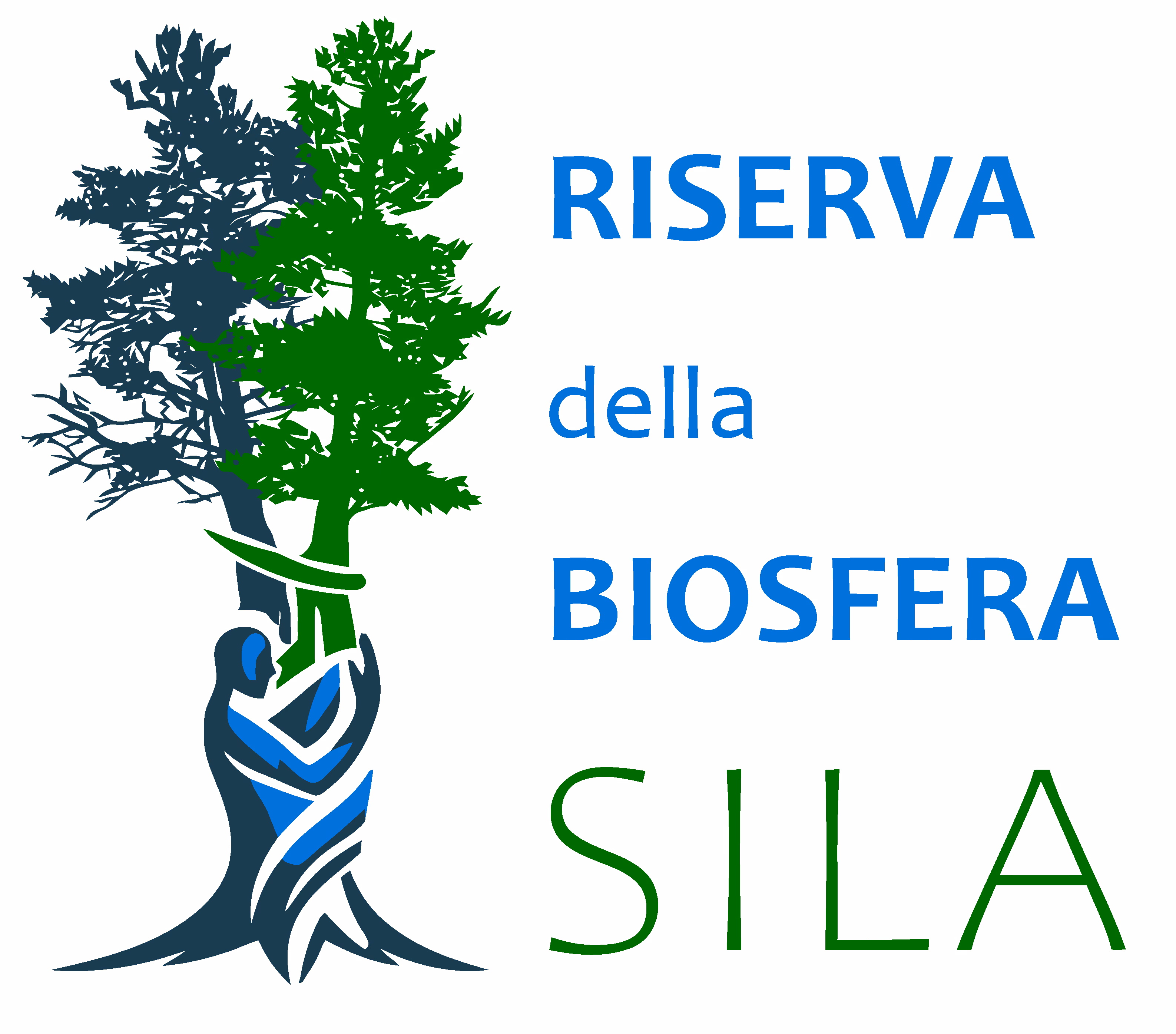 Logo con due alberi stilizzati, uno verde e uno blu, abbracciati da una figura umana, con la scritta Riserva della Biosfera Sila.