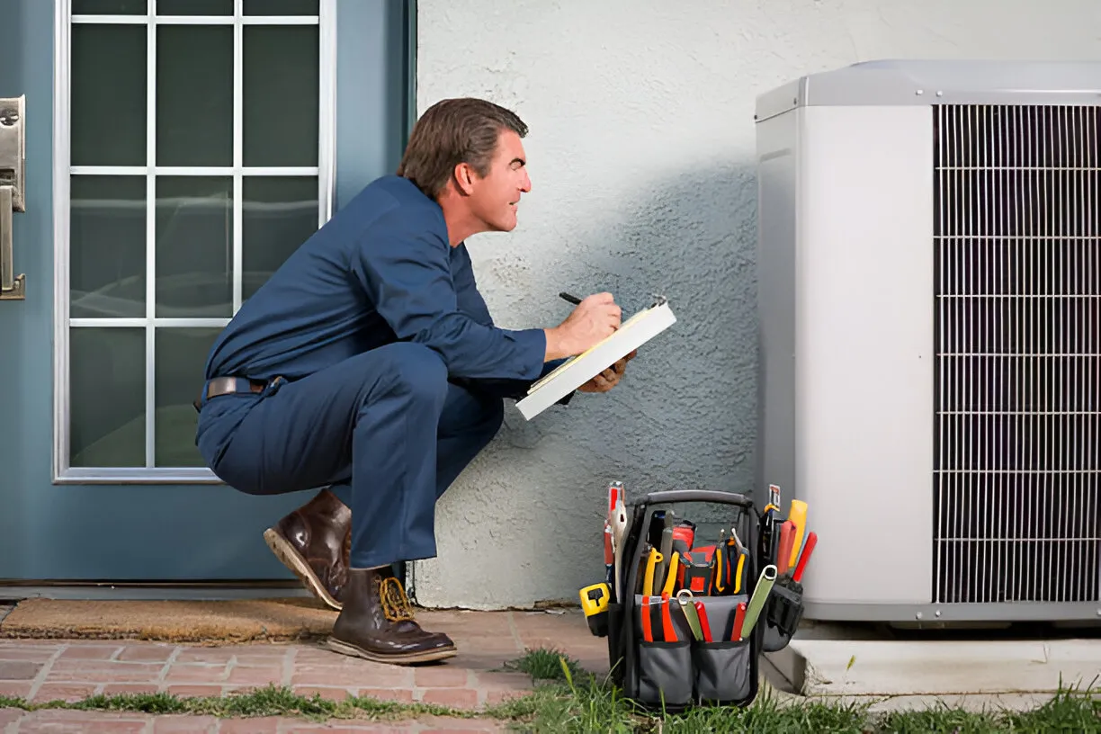 A technician crouching and inspecting an air conditioning unit outdoors while taking notes on a clipboard with a tool bag beside him.