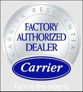 Carrier Factory Authorized Dealer silver seal with blue logo and text 'Turn to the experts'.
