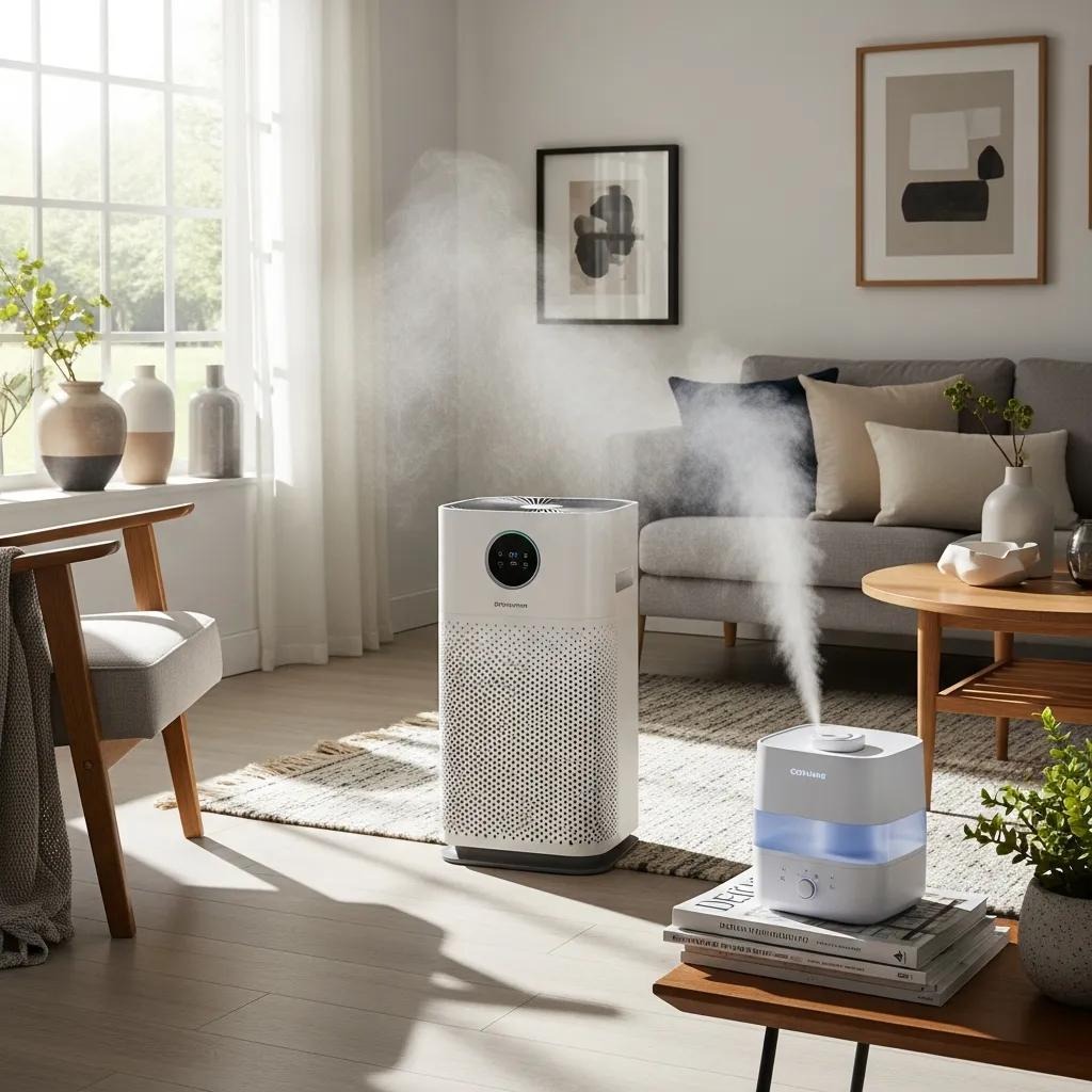 Living room with air purifier and humidifier for cleaner winter air