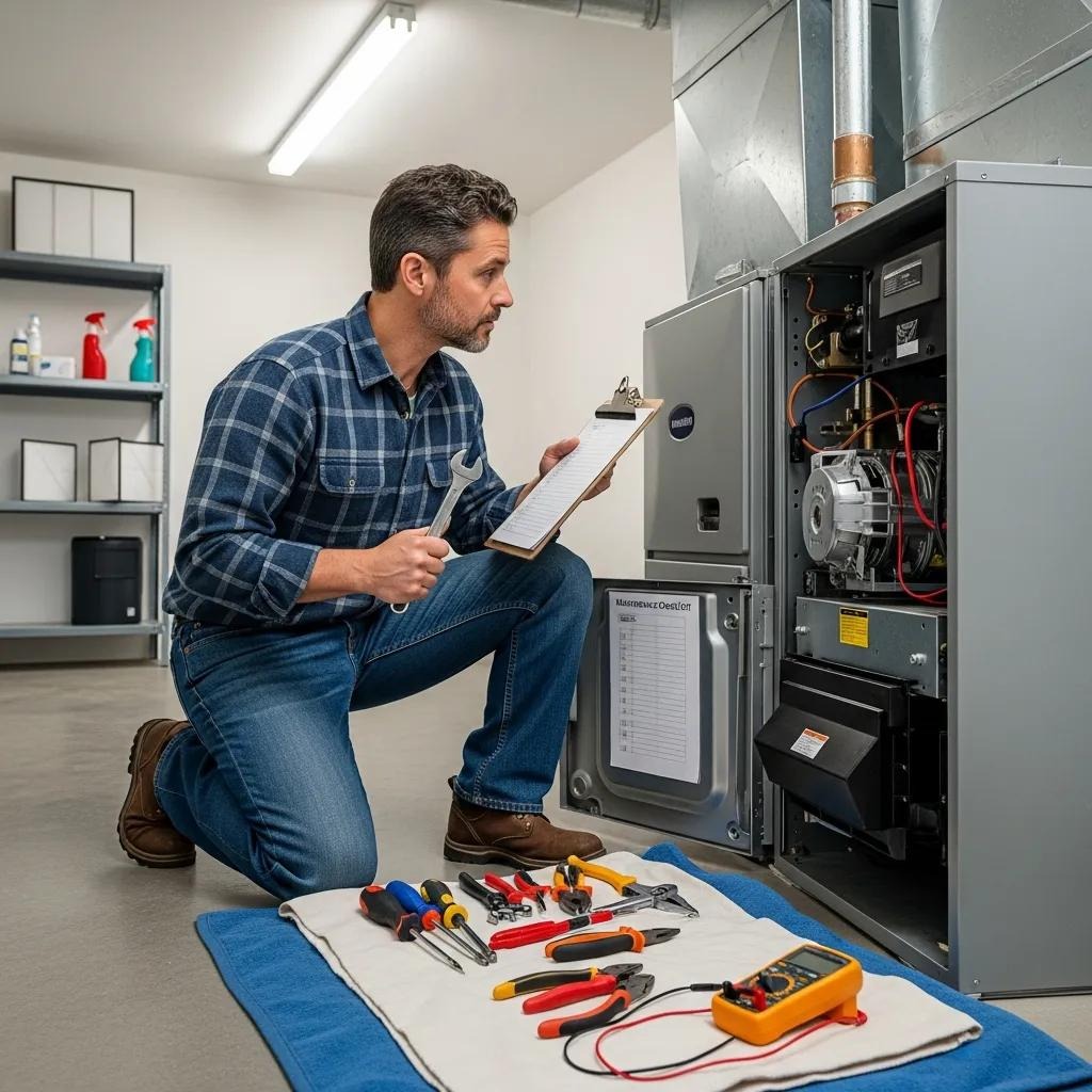 Homeowner checking a furnace with a winter prep checklist