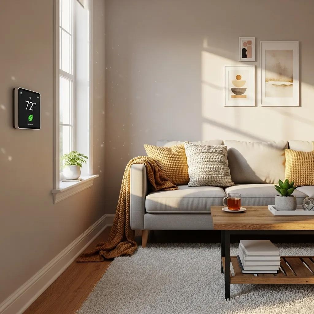 Modern smart thermostat in a cozy living room, highlighting home comfort and energy efficiency