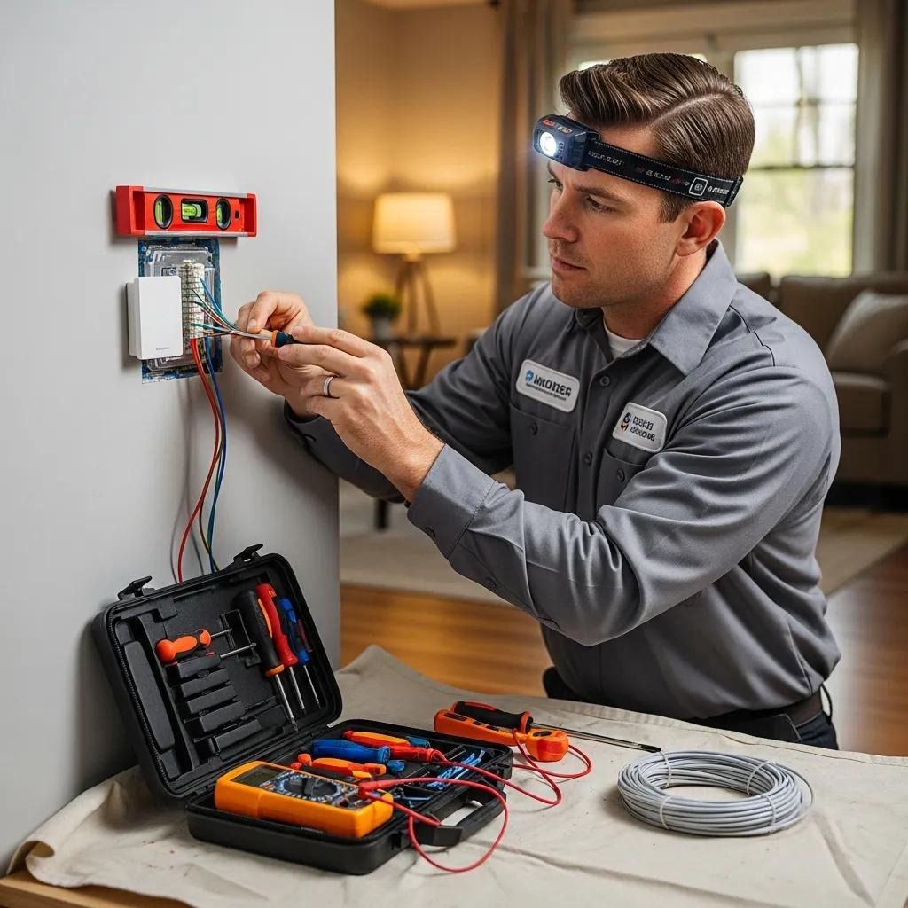 Technician installing a smart thermostat, demonstrating the professional installation process