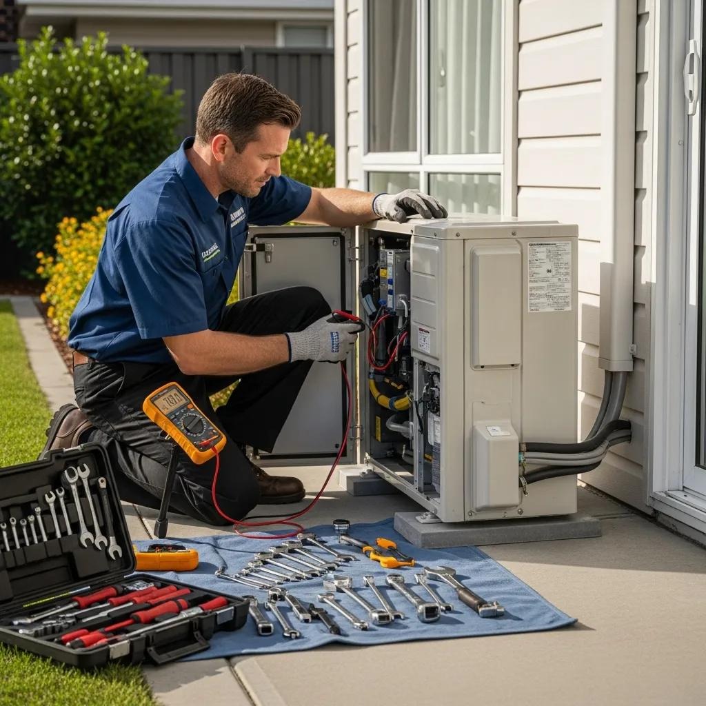 Technician repairing an air conditioning unit in a residential setting